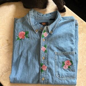 Vintage Denim Shirt with Floral Embroidery